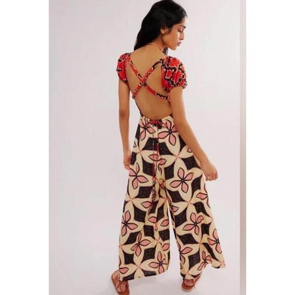 Free People Bali Golden Age Jumpsuit Sz L large Boho Wide-Leg Excellent - Picture 3 of 8